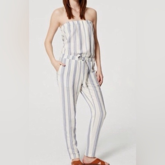 Loft Ann Taylor Striped Strapless Jumpsuit Linen Blend Size M - Picture 1 of 10